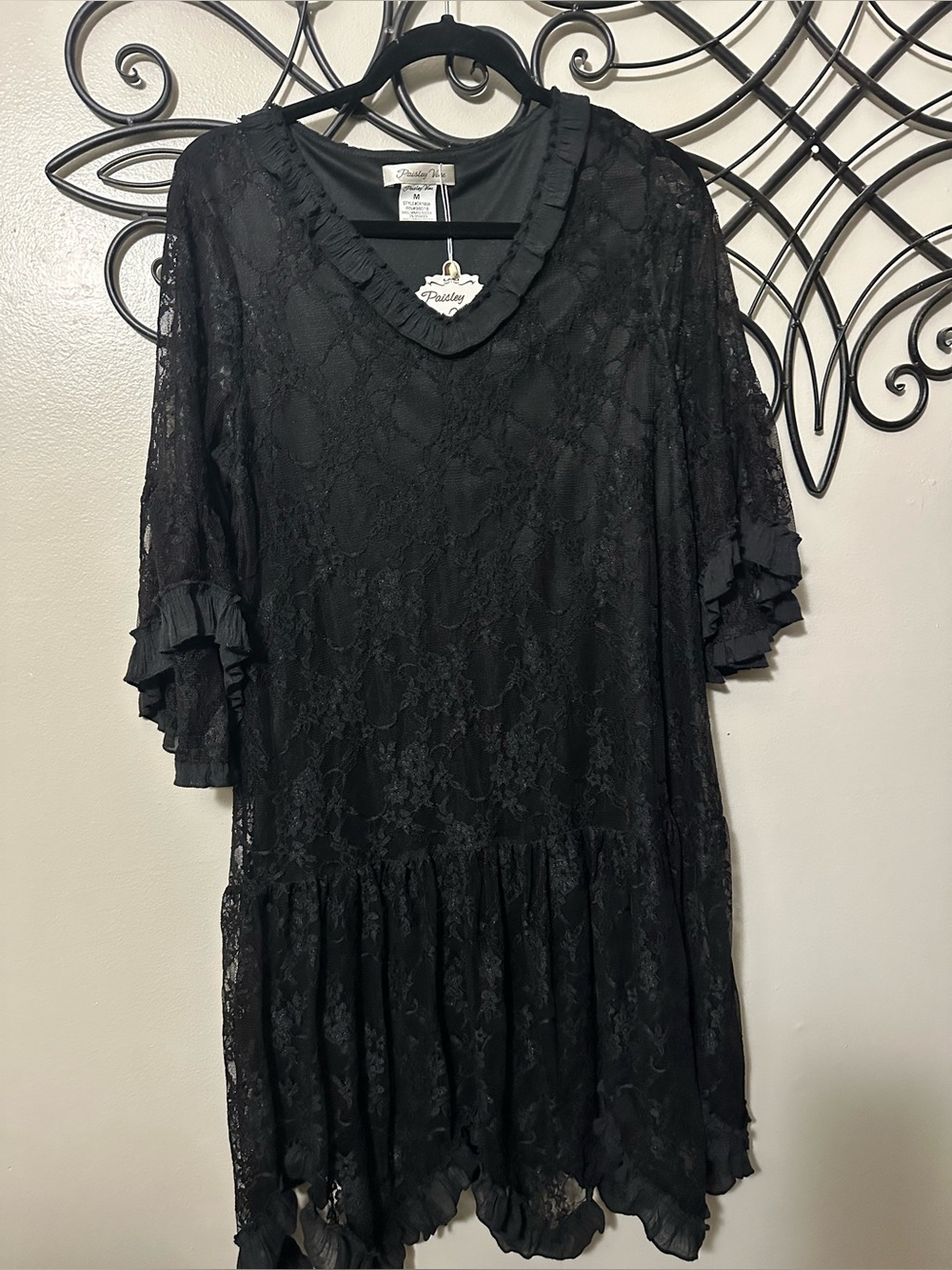 Black Lace Ruffle-Sleeve Midi Dress by Presley